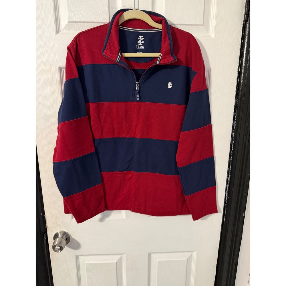 Izod Mens Quarter Zip Pullover Sweater Red Navy Blue Striped Size Large